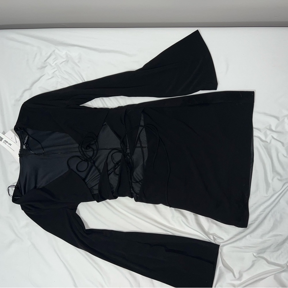 Zara medium black fitted mini dress cross tie Kendall Jenner revenge dress